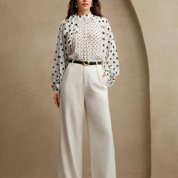 Elegant Women's Polka Dot Print Pleated detailed bow Tied stunning Blouse - Picture 5 of 7